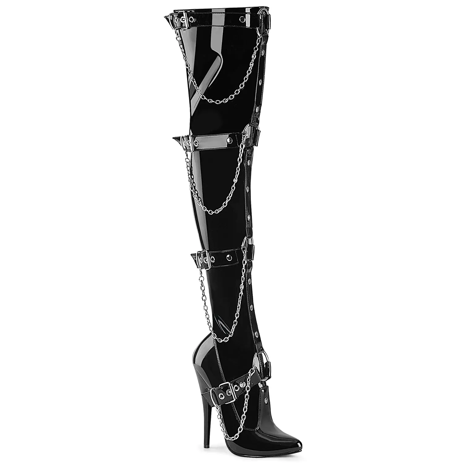 Pleaser Women's Domina-3027 Stretch Thigh High Boots, 5.5" Stiletto Heel with O-Ring Harness, Chain Details & Side Zip, Shoe, Footwear