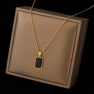 Elegant 18k  Plated Stainless Steel Rectangular Black Pendant Necklace for Women's Daily and Vacation Accessories, Valentine's Day Gift