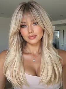 22 Inch Long Curly Wig with Bangs, Deep Rooted Synthetic Hair, Natural Look, Easy Maintenance, Suitable for All Ages, Synthetic Material Wigs