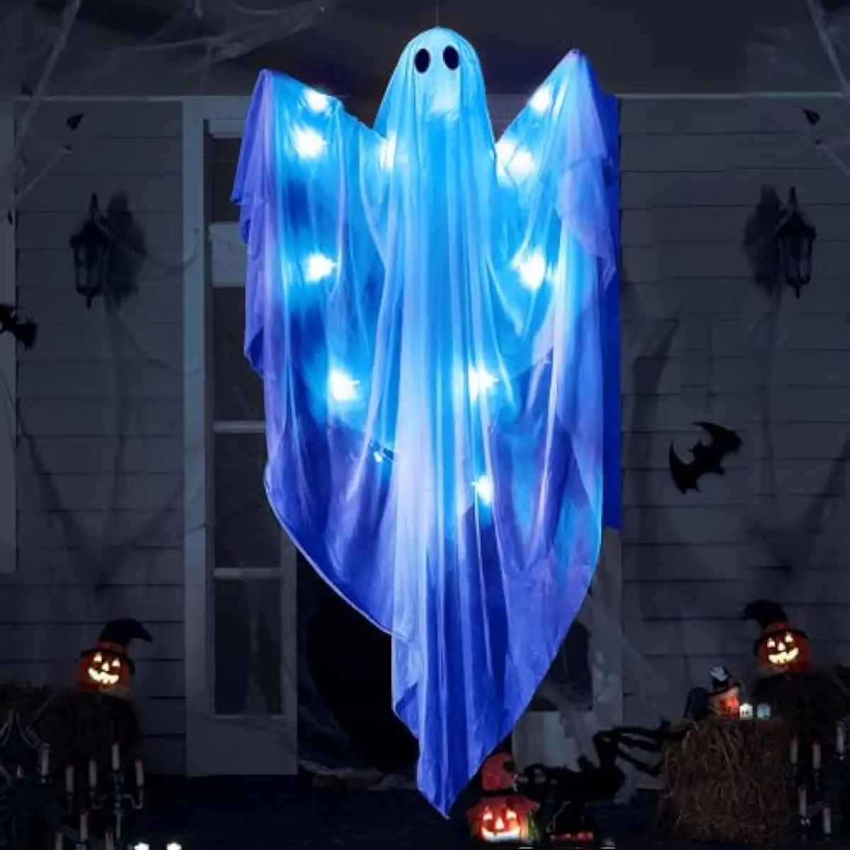 Halloween Hanging Light up Ghost with Spooky Blue LED Light, 47 White Ghosts Halloween Hanging Decoration for Front Yard Patio Lawn Garden Party Decor Indoor Outdoor