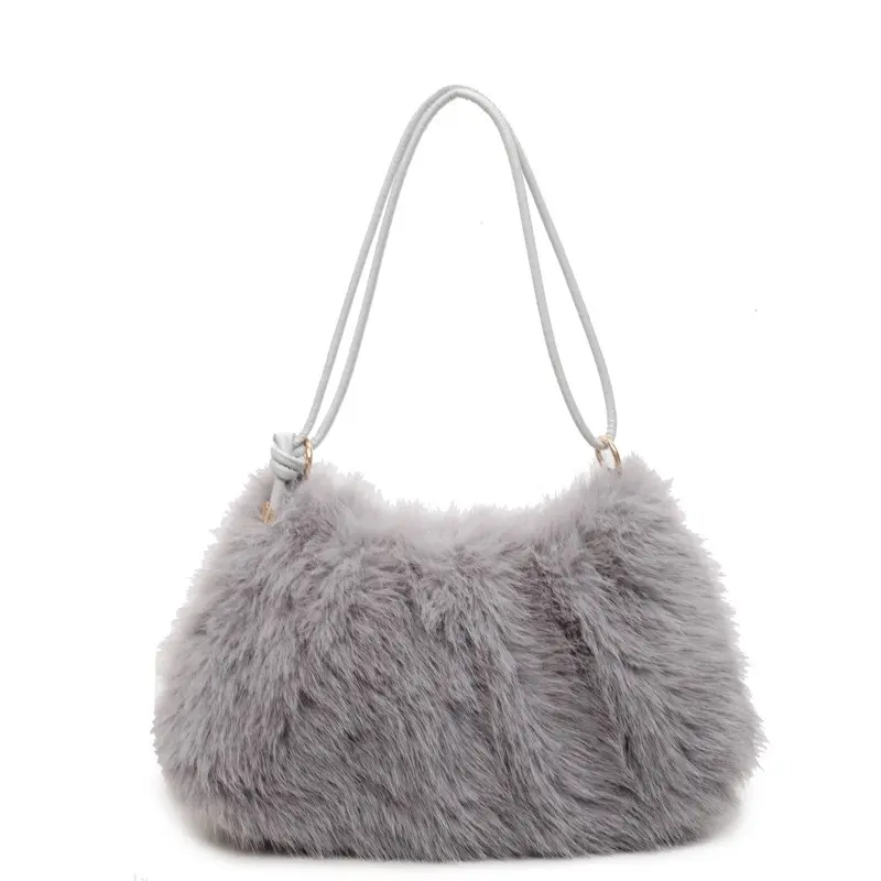 Gosect Women's Shoulder Bag, Korean Preppy Half Moon Plush Handbag, Convertible PU Leather Crossbody Satchel with Zipper, Handbag Shoulder Bag, Chic, Pu Tote Satchel, Adjustable Strap, Casual, Basic, Plain, Cute, Scratch Resistant, Plush Fur, Elegant