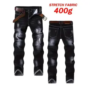 Men'S Slim-Fit Stretch Denim Jeans with Distressed Knee Rips & Embroidery - Casual All-Season Skinny Pants for Casual Attire, Allseason Jeans | Embroidered Denim | Stretch Denim Fabric Menswear Classic Streetwear Ripped