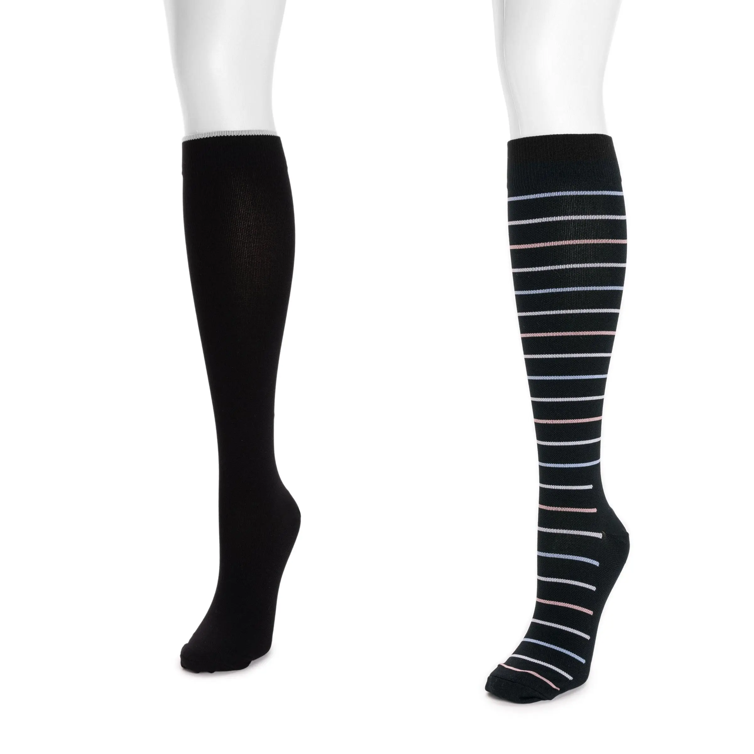 Women's 2-Pair Graduated Compression Knee-High Socks - Chic Striped & Solid, Stretchy Performance Nylon Fabric, 8-12 mmHg, Arch Support, Additional 1/2" Max Cuff Stretch for All-Day Wear & Those Needing Extra Support