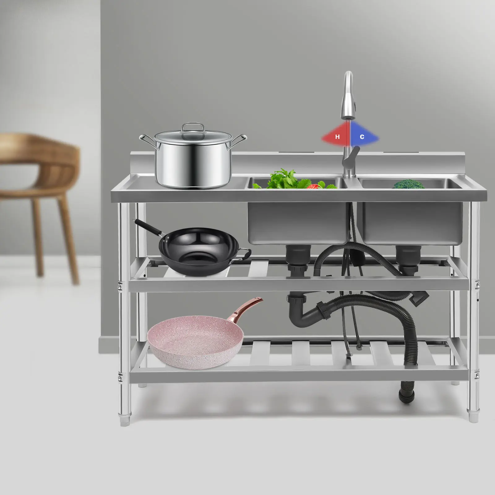201 Stainless Steel Double-Bowl Freestanding Utility Kitchen Sink Workstation with Faucet for Commercial Restaurants, Hotels
