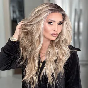 AISOM Selina Mushroom Blonde Body Wave Free Part Synthetic Lace Front Wig with Scandinavian Hairline Low Density Long Wave 22 inches Highlight Blonde Glueless Wig