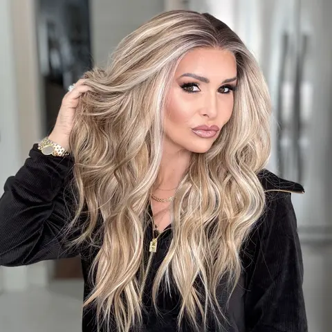 AISOM Selina Mushroom Blonde Body Wave Free Part Synthetic Lace Front Wig with Scandinavian Hairline Low Density Long Wave 22 inches Highlight Blonde Glueless Wig