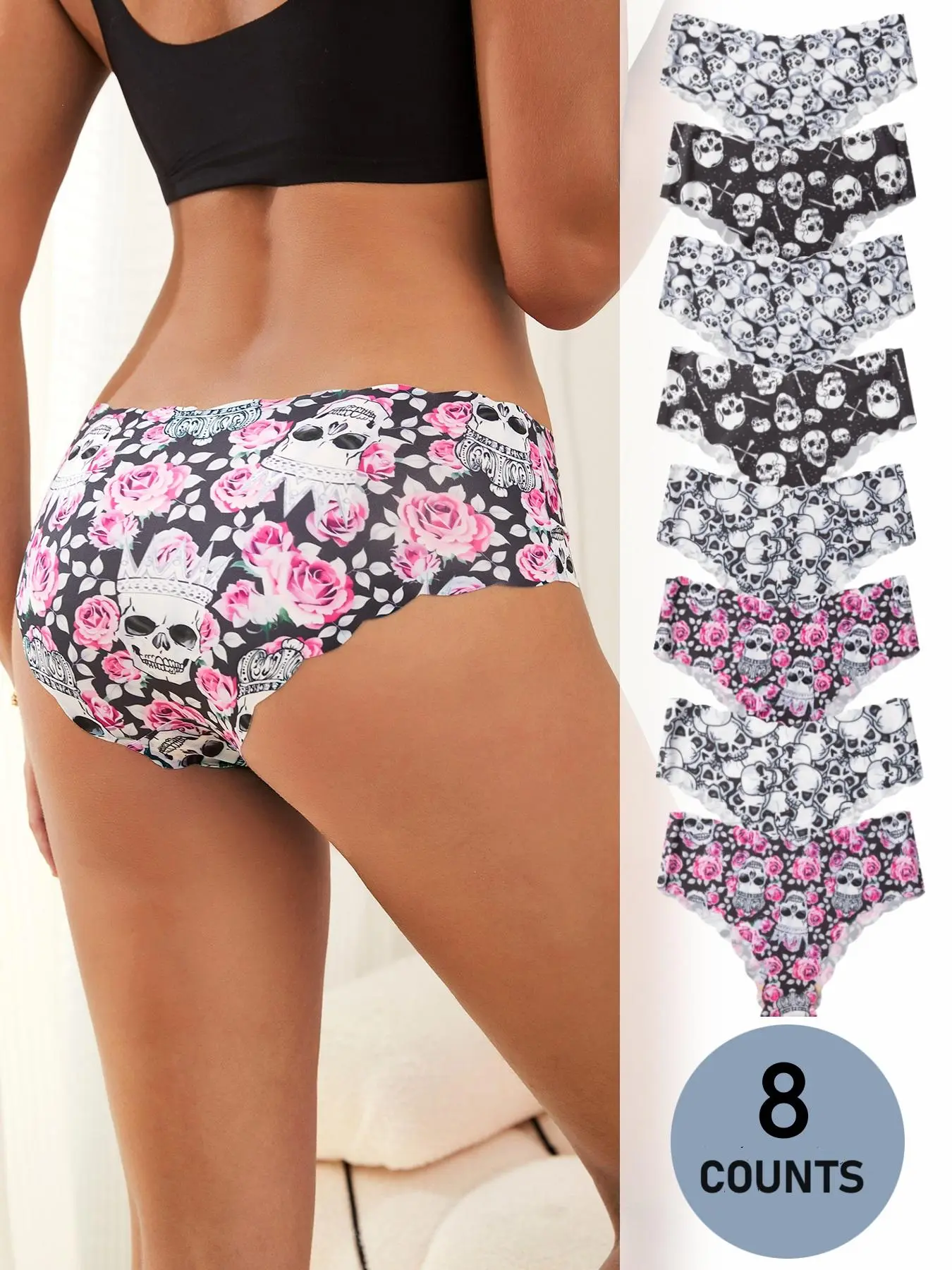 Women's All Over Skull Print Scallop Trim Girls Knickers, Fashion Panties, Fall Wear, Fitted Soft Comfy Breathable Fabric Seamless Panty for Daily Wear, Women's Underwear for Fall
