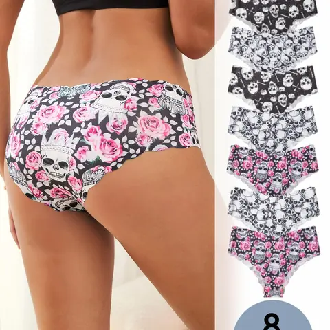 Women's All Over Skull Print Scallop Trim Girls Knickers, Fashion Panties, Fall Wear, Fitted Soft Comfy Breathable Fabric Seamless Panty for Daily Wear, Women's Underwear for Fall