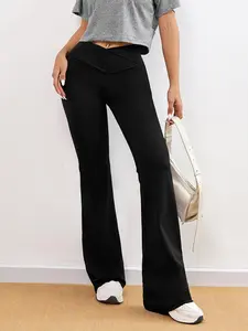 Women's Solid Color Cross Waist Flare Leg Sports Leggings, High Stretch Yoga Pants, Ladies Sportswear for Indoor Outdoor Wear Bottoms Womenswear