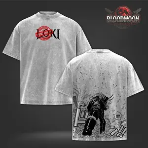 Horned Warrior Battle Scene Vintage Washed Oversized Heavyweight Cotton Graphic T-Shirt Double Print Back Design Streetwear Unisex