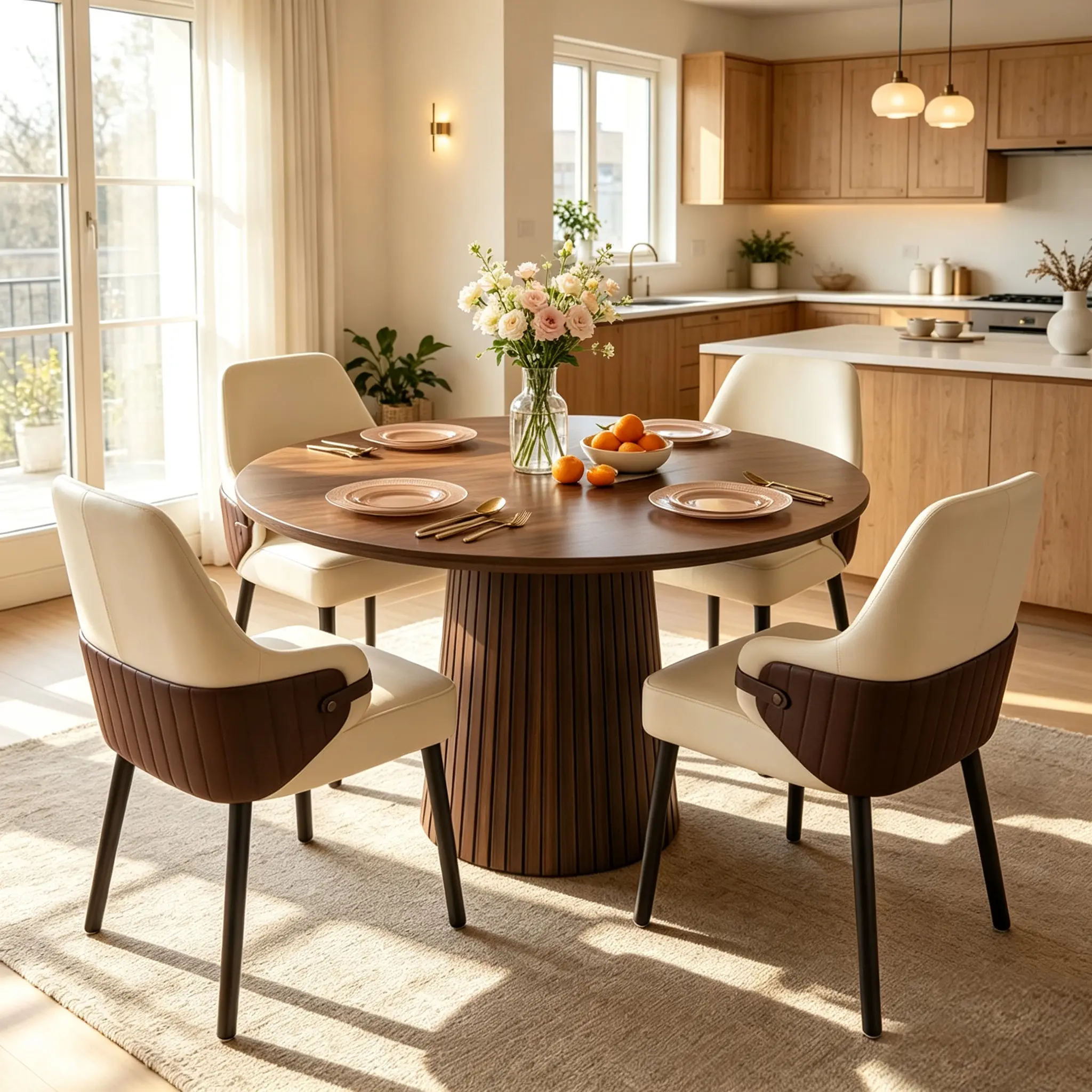 Muuoky 5-Piece 47 In Rustic Modern Farmhouse Round Dining Table Set for 4, Walnut & Beige/Brown Indoor Furniture Set with 4 2-Tone High-Back Armchairs for Dining Room, Kitchen chair