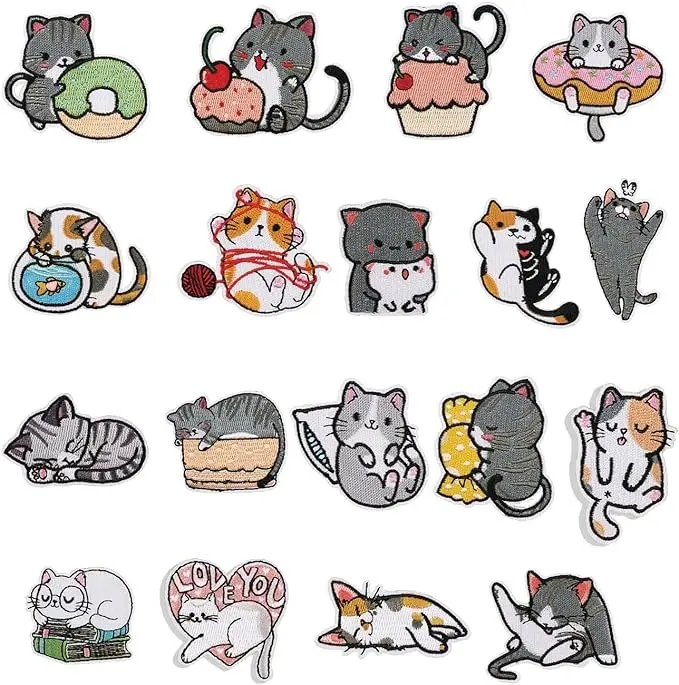18Pcs Cute Cat Patches for Clothing, Iron on/Sew on Cat Applique, Iron Patches for Dresses Jeans Hats Shoes Shirts Jackets Backpacks