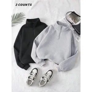 LIA Autumn Winter Half-Zip Long Sleeve Fleece Lined Loose Fit High Neck Sweatshirt Jacket Unisex Casual Outerwear