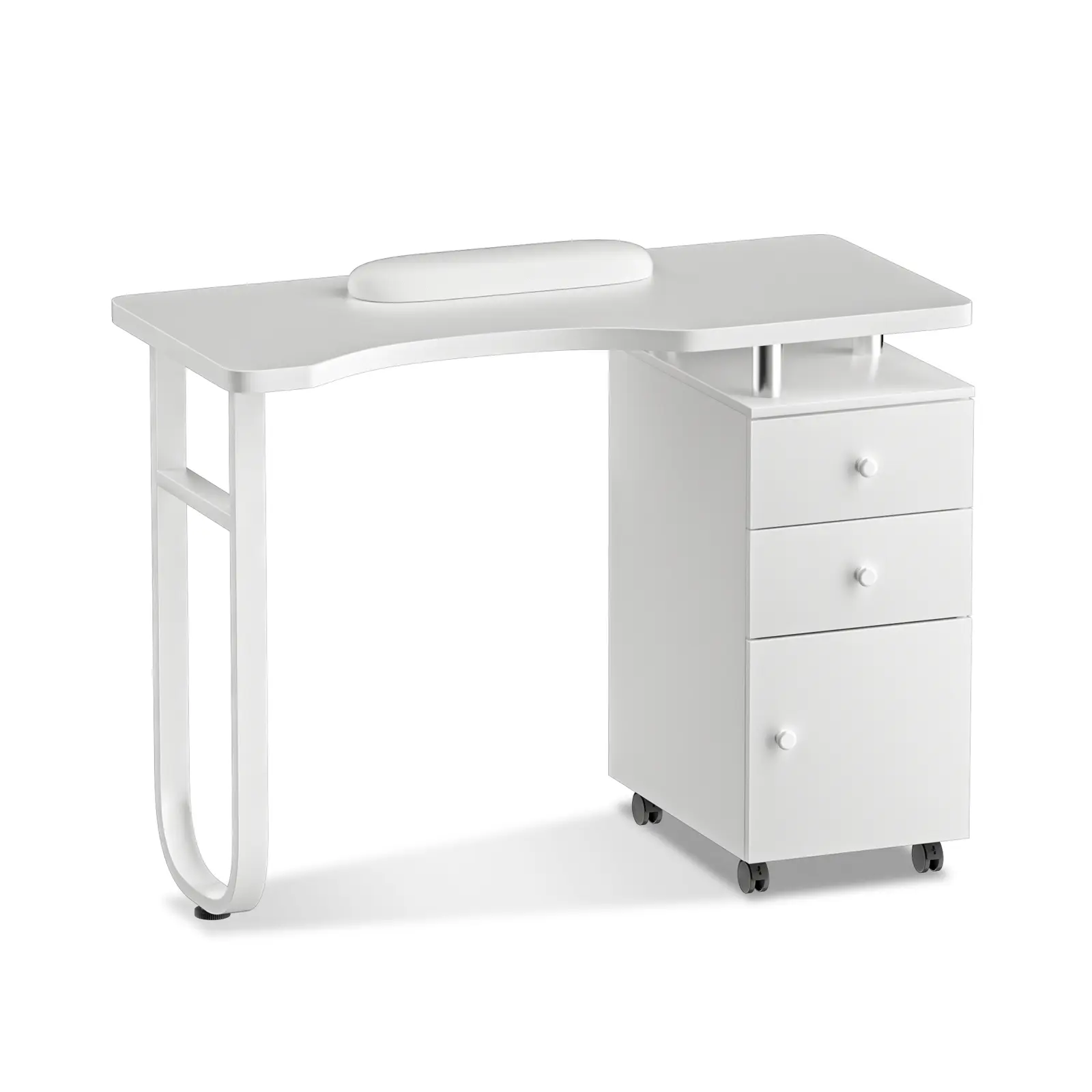Manicure Table Nail Station Desk for Nail Tech Acetone Resistant Nail Table with Wrist Cushion, 4 Lockable Wheels, Storage Drawers & Cabinets for Beauty Spa Salon
