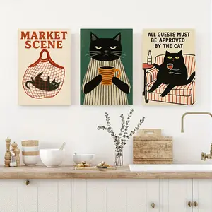 Set of Three  Canvas Wall Art Prints Depicting Vintage Cat Life – Featuring "Market Cat", "Coffee Cat", and "Guest Cat" Motifs, Perfect for Creating a Warm, Whimsical Atmosphere in Your Living Room, Café, or Kitchen Dining Area.