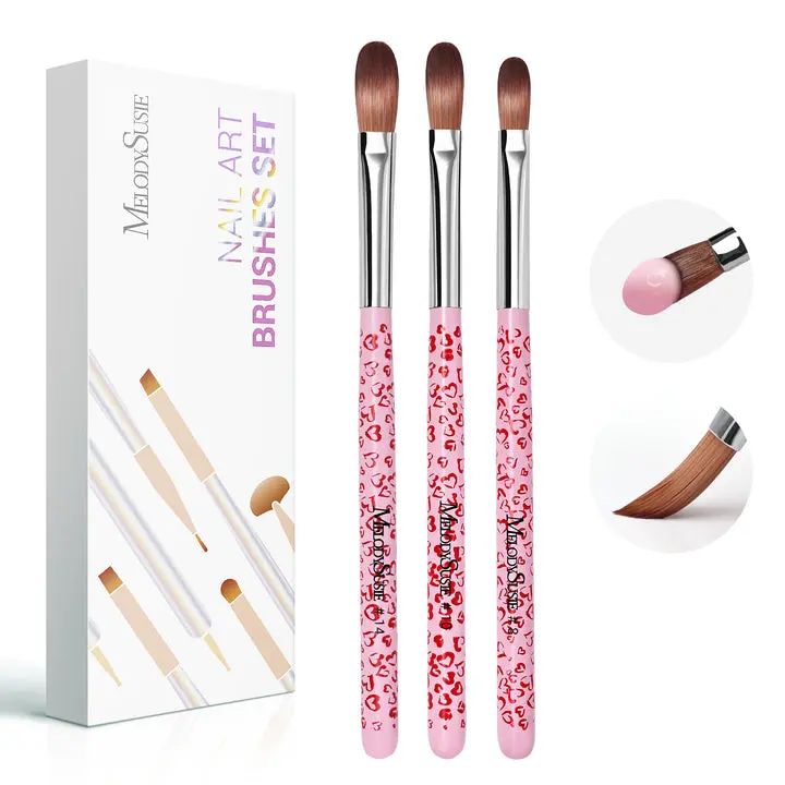 MelodySusie 3-Piece Acrylic Nail Brush Set - Sizes 8/10/14, Professional Nail Art Tool for Acrylic Application, Powder, Extension & 3D Carving - Pink
