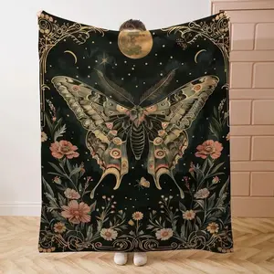 A flannel blanket with a floral pattern of the celestial moon moth, Multifunctional blanket, Digital printed for all kinds of places in soft and warm flannel fabric, machine washable for birthday gifts, Christmas and Halloween