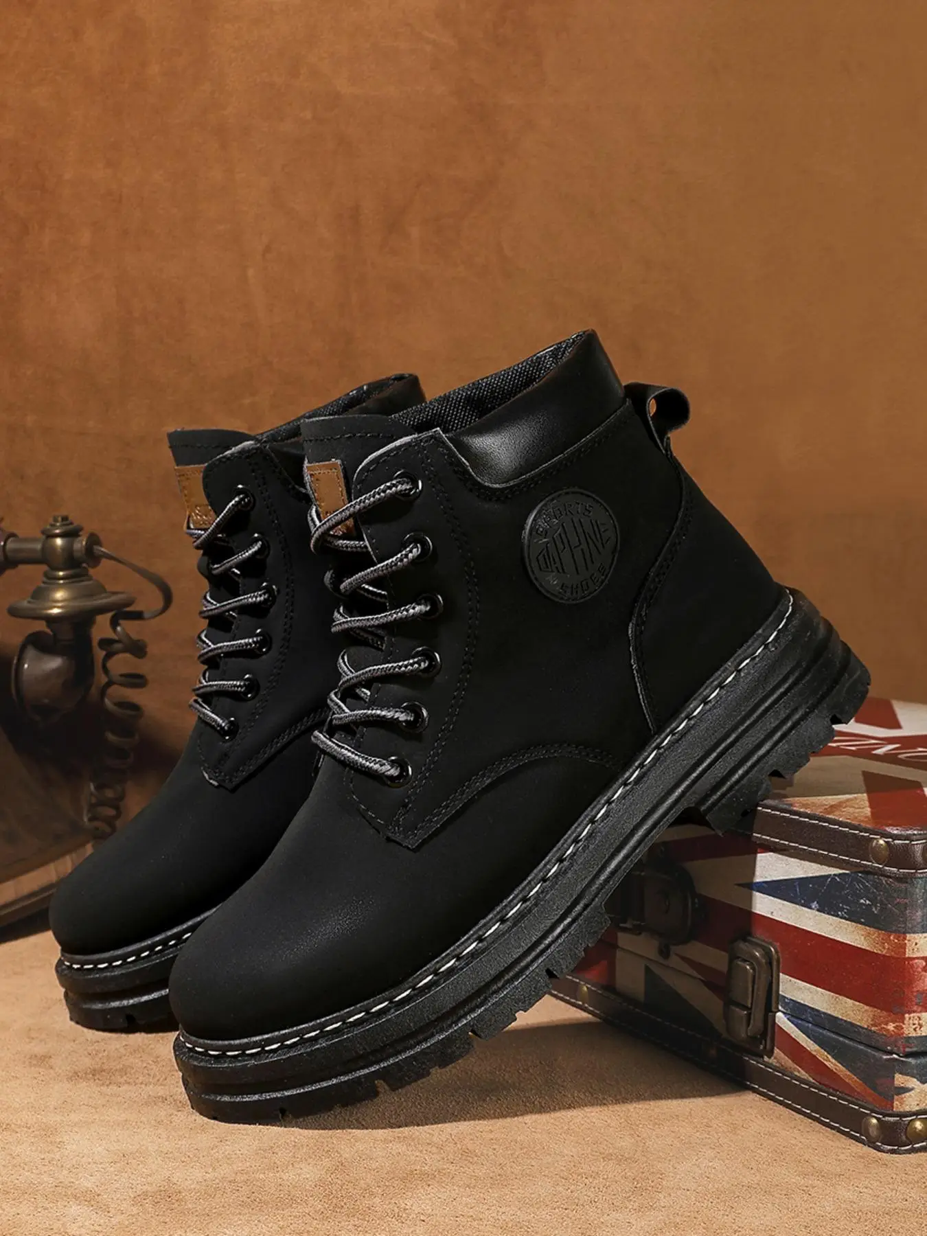 Men's Fashion Patched Design Lace up Pu Leather Boots, Casual Comfortable Mid-calf Boots for Boy, Fashion All-match Leisure Style Combat Boots for Dai