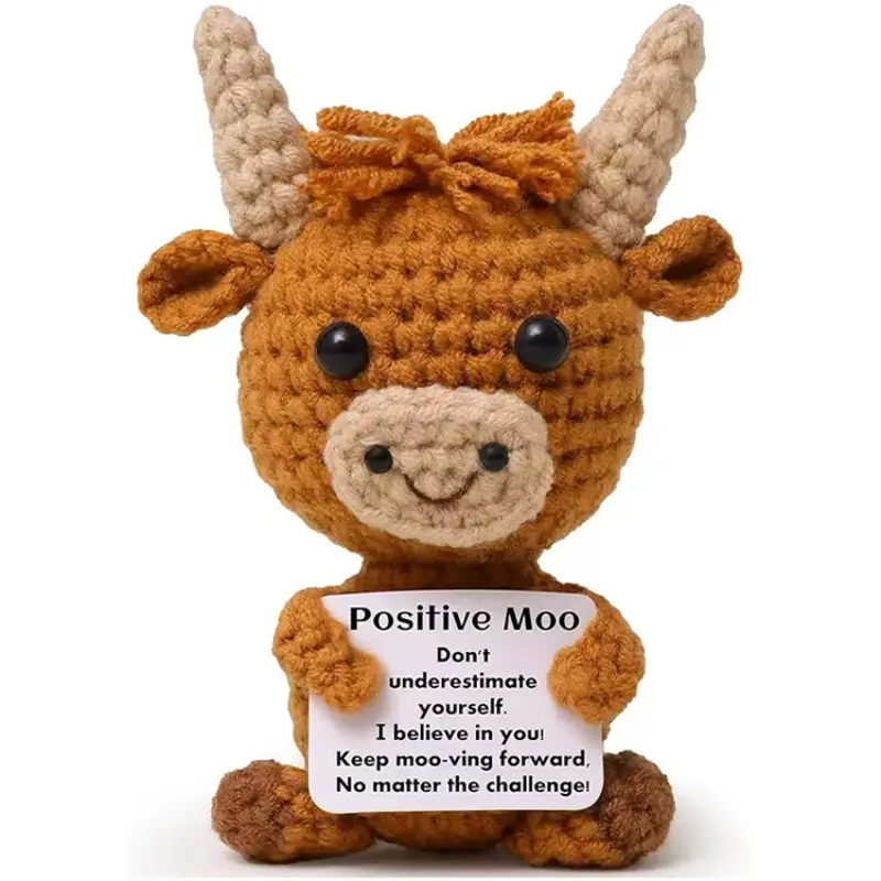 Mini Funny Positive Highland Cow, Knitted Wool Cow Toy with Positive Card, Cute Crochet Doll, Funny Stuffed Animals, Soft Huggable Stuffed Animal, Emotional Support Gift for Friends & Family