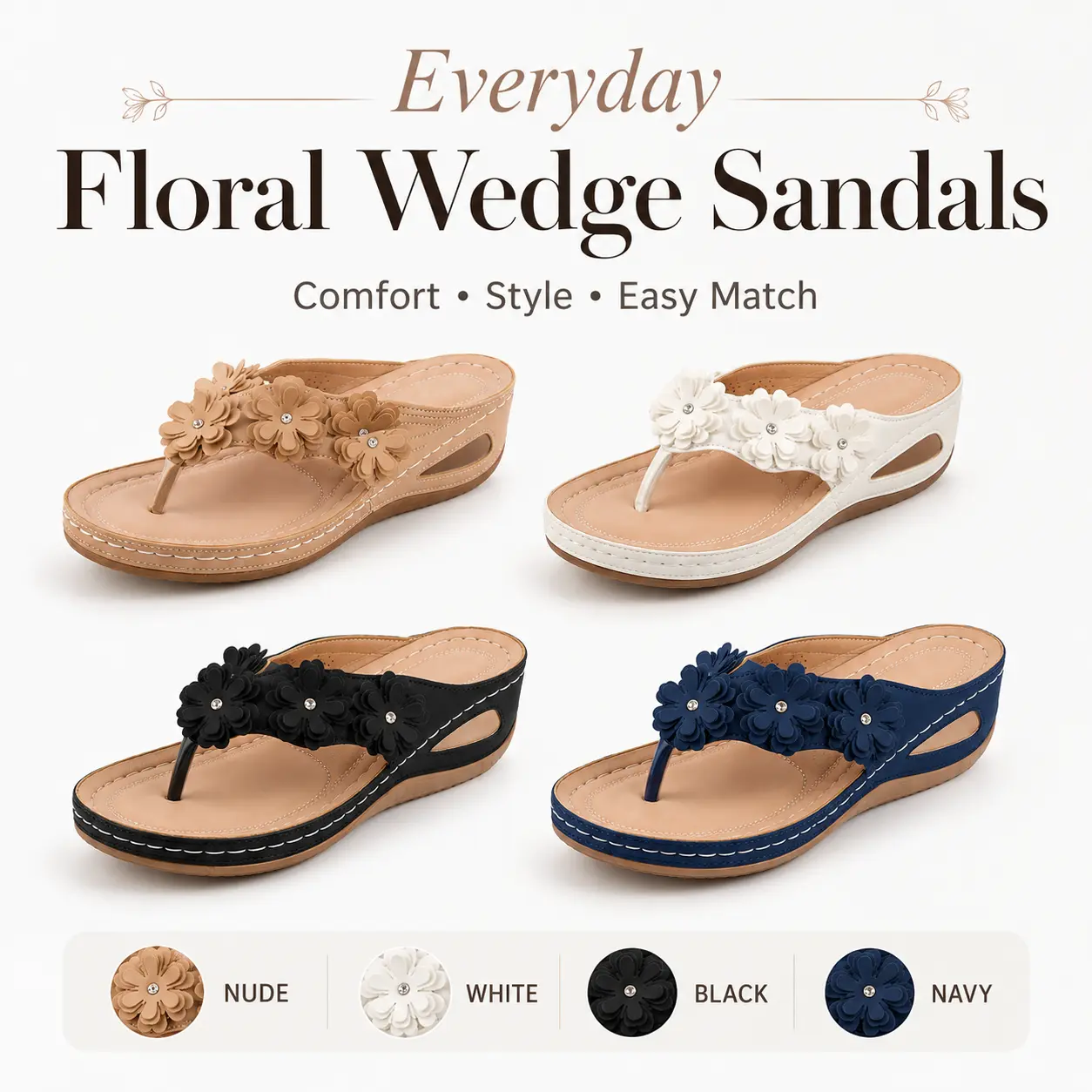 Everyday Floral Wedge Sandals in Nude White Black Navy Comfort Style Easy Match