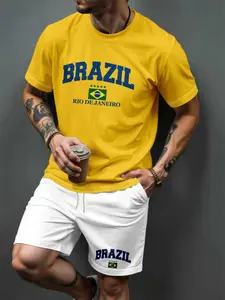 Men's Rio De Janeiro Print T-Shirt Set, Casual Loose-Fit Two-Piece, All-Seasons Wear, No Collar, No Button, No Zipper