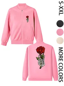 Women's American Street Style Hoodless Bomber Jacket with "Rose" Print, Lightweight Zip-Up Jacket, American Street Style Print Design, Suitable for All Seasons, Casual & Street Style