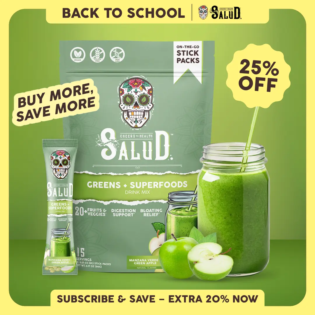 Salud 2-in-1 [Greens + Superfoods - Green Apple] Daily Greens Drink Mix,Agua Fresca,  Gut Health & Bloating Support, Probiotics & Prebiotics, Vegan, Non-GMO, Easy-to-Drink Greens Powder (15 Servings)