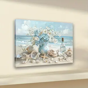 1 Piece Blue Vase Ocean Theme Canvas Wall Art - Wooden Frame Horizontal Beach Scene with Shells, Hydrangeas, and Daisies, Vibrant Ink Print, Suitable for Living Room, Bedroom, Office Decoration - Multiple Sizes Available, Perfect Housewarming or Bachelore