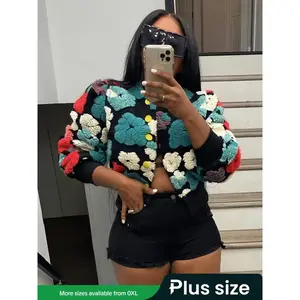 Women’s floral jacquard button-front jacket (1 piece), casual long-sleeve crew-neck everyday jacket, women’s clothing, 1980s fashion, women’s jacket, women’s apparel, adjustable for daily wear, JacketGARMENTARY