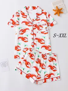 Women's Lobster Print Shirt & Elastic Waist Shorts Pyjama, Casual Comfy Short Sleeve Collared Top & Shorts PJ Set, Ladies Sleepwear for Summer, Loungewear
