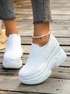 Women's Wedge Platform Hidden Heel Casual Sneakers, Textured Fabric Upper with Hollow-Out Breathable Design, Lightweight & Durable PU Sole, Slip-On Style, Must-Have for Petite Women, Comfortable for Home, Travel, Daily, Work, Footwear, Sports Shoes