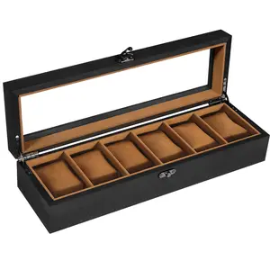 Uten Solid Wood Watch Box, 6 Slot Watch Case with Soft Pillow, Watch Display Case with Glass Lid, Watch Holder Organizer, Watch and Jewelry Storage, Gift Ideas, Black Brown