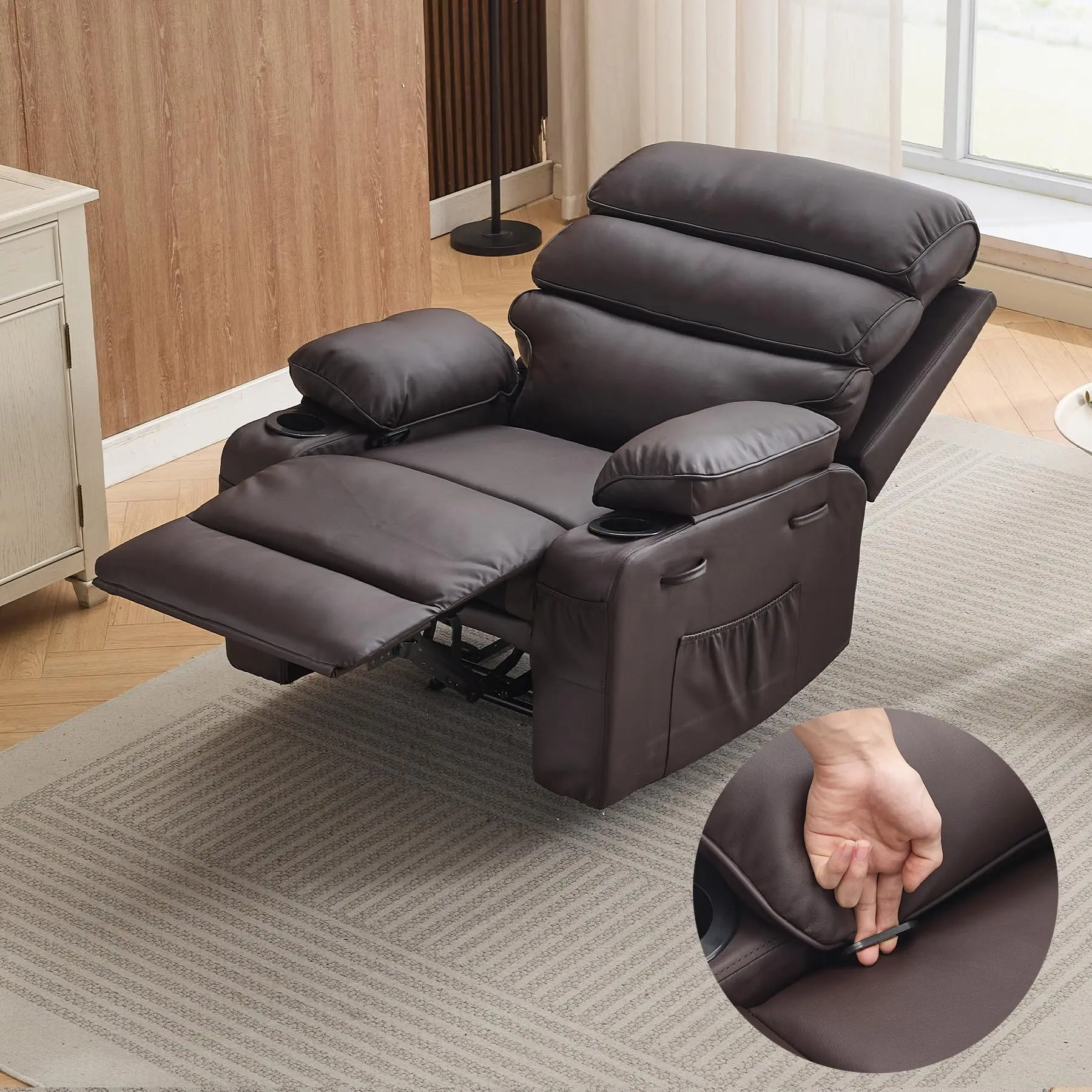 Extra Wide Dark Brown PU Leather Manual Adjustable Recliner - Sturdy Adult Power Recliner with 1.5X Sponge-Padded Arms, Massage-Heat, Wood Frame, Cup Holder, 350 lb and Above Capacity for Living Room Nap, Armrest, Large