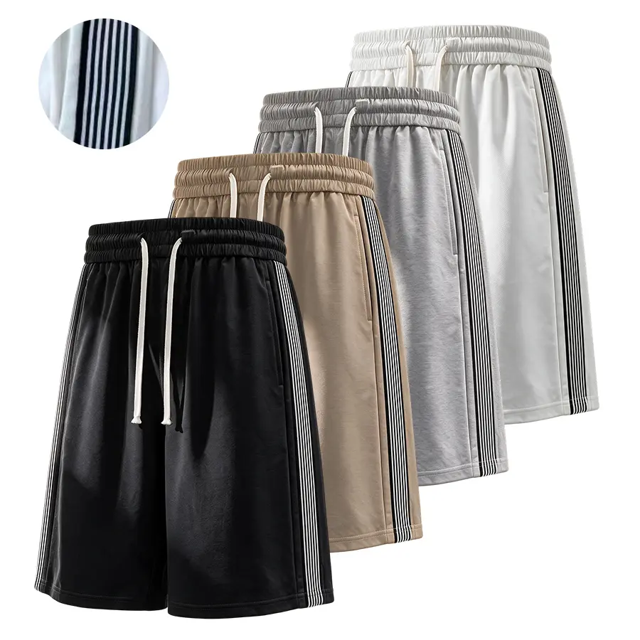 Men’s summer athletic bermuda shorts with white side stripes, jacquard polyester fabric that is lightweight, breathable, and has a cooling feel, faux cotton touch that is soft and skin-friendly, and resists pilling.Elastic drawstring waist fits various wa