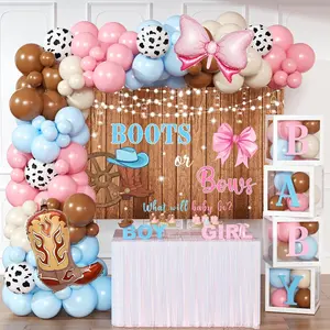Boots or Bows Gender Reveal Decorations - 141pcs Pink Blue Balloon Arch Kit, 4pcs Baby Box With Letters, What Will Baby Be Backdrop, Themed Cowboy or Cowgirl Gender Reveal Supplies