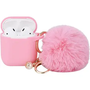 Pink Case for Women Cute Case Designed for AirPods Cover with Pom pom, Silicone Protective Keychain Case Compatible with AirPods 1/2, Accessories Keychain and Pom pom(Pink)