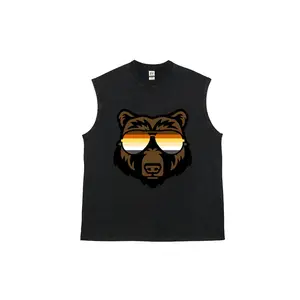 Gay Bear Wearing Bear Pride Flag Sunglasses Washed Cotton Tank Top, LGBTQ+ Bear Community Graphic Sleeveless Muscle Shirt, Distressed Summer Pride Undershirt for Men
