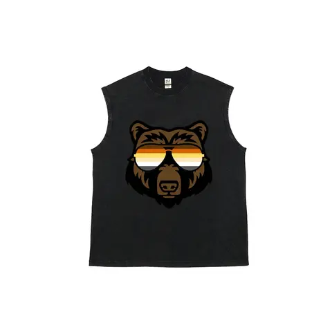 Men's LGBTQ+ Community Washed Cotton Tank Top - Gay Bear & Retro Round Pride Flag Sunglasses Graphic, Casual Micro-Stretch Sleeveless Muscle Undershirt for Summer Distressed Wear, Going Out, Everyday Menswear