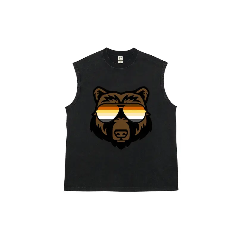 Men's LGBTQ+ Community Washed Cotton Tank Top - Gay Bear & Retro Round Pride Flag Sunglasses Graphic, Casual Micro-Stretch Sleeveless Muscle Undershirt for Summer Distressed Wear, Going Out, Everyday Menswear