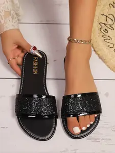Women's Summer New Sparkle Rhinestone Sandals, Dressy Flat Sandals, Comfortable Trendy Flat Shoes, Versatile Casual Footwear for Daily Wear, Fashionable Rhinestone Sandals