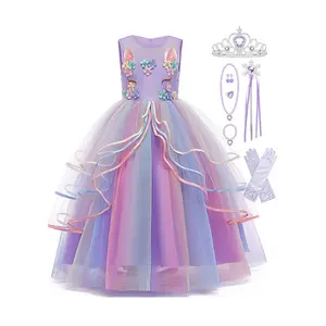 Girls Unicorn Costume Princess Tulle Dress Birthday Pageant Party Long Gown Carnival Cosplay Dress Up Outfits with Accessories