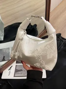 Women's Elegant Embroidered Floral Handbag, Soft Silk Fabric Classic Shoulder Bag, Adjustable Strap Crossbody Purse for Daily Use