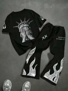 Men's Graphic Tee & Straight-Leg Pants Set, Outfit, Casual Fitted Knit All-Season, Stylish American Vintage Street Style, Menswear