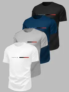 Paris Theme Minimalist Multi-Color T-Shirt Set, Paris Logo Gradient Stripe Print, //blue/, Casual Fitted Long Sleeve