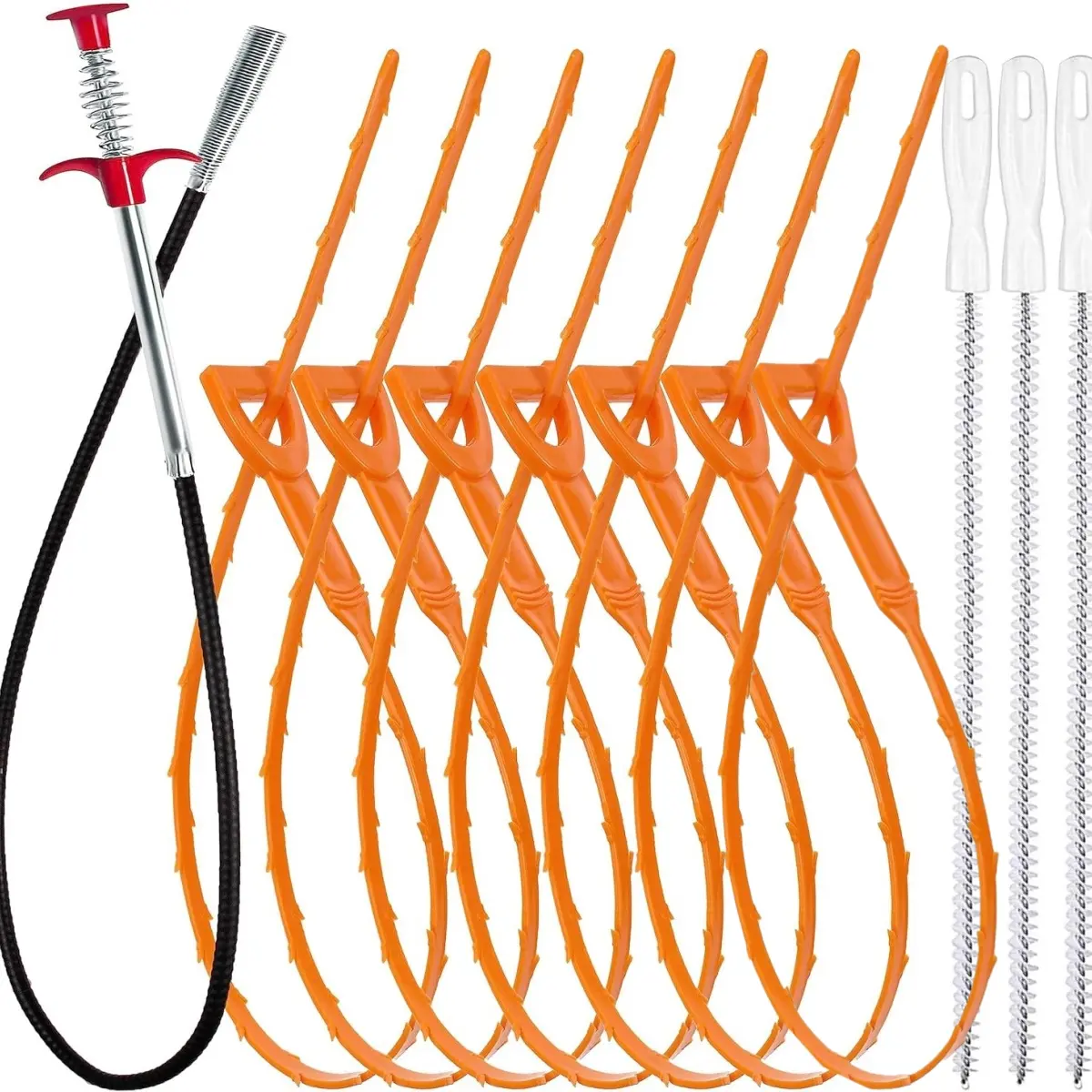 35.5inch Drain Clog Remover (1pcs), 25inch Drain Snake Hair Remover (7pcs) ＆ Cleaning Brush (3pcs), Hair Catcher Drain Auger Cleaner Tool Set For Toilet, Kitchen Sink, Bathroom Tub, Sewer, 11 Pack