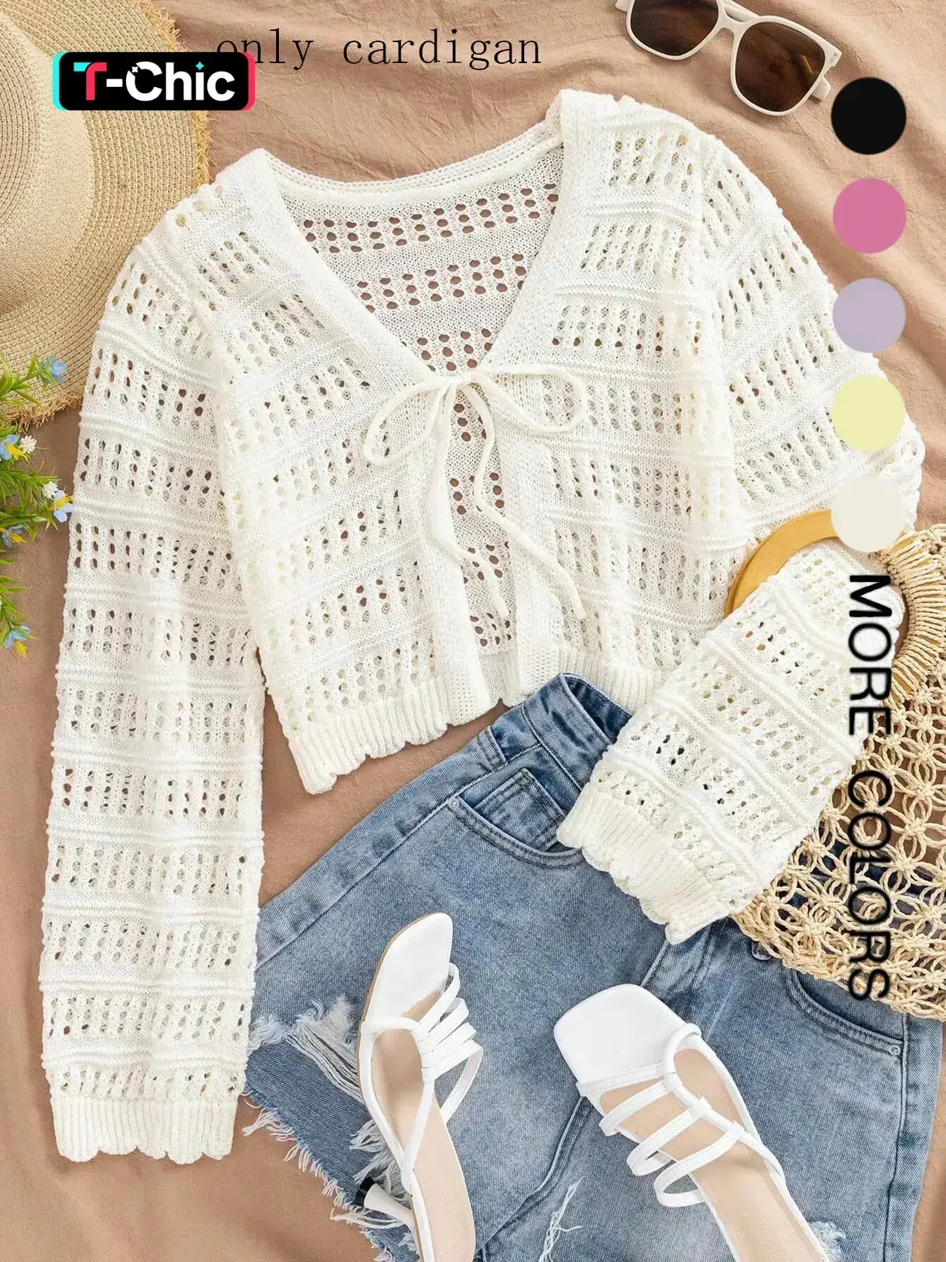 Women's Plain Hollow Out Tie Front Lightweight Loose Fit Sweater Cardigans, Casual Long Sleeve Knit Top for Summer, Fashion Women's Knitwear for Daily Wear