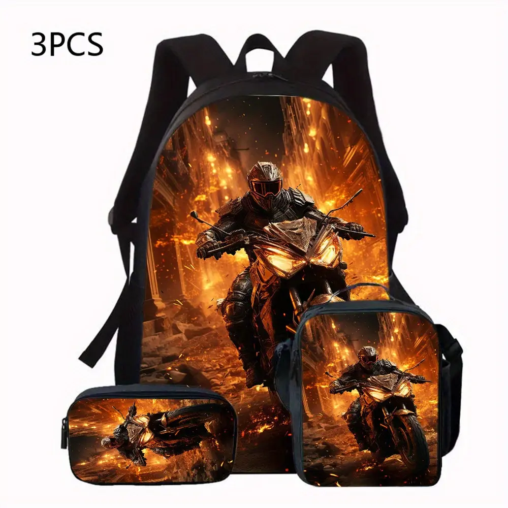 Fiery Armored Rider 3-Piece Backpack Set - Oxford Cloth Daypack with Adjustable Strap, Lunch Bag, Pencil Case (Apocalyptic Motorcycle Race Print, Zipper Close, Top Handle) for Fantasy Fans Back to School Haul & School Trips, 3-Piece Set