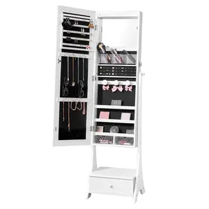 【DealsForYouDays】VEVOR Mirror Jewelry Cabinet,  , Standing Mirror with Storage, Lockable Jewelry Mirror Organizer with Full Length Mirror, Velvet Lining, Interior LED Light, Drawer, Freestanding Jewelry Armoire, White