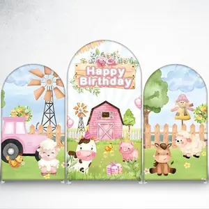 15-day DeliveryPink Farm Animals Arch Backdrop Cover Happy Birthday Party Decor for Kids Barnyard Theme Photo Booth