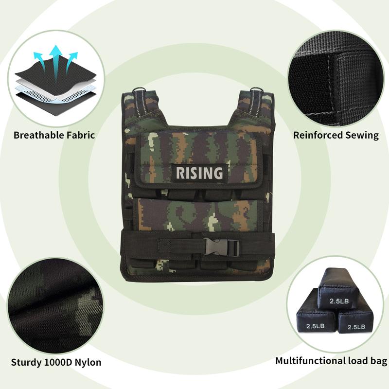 RISING Camouflage Adjustable Weighted Vest 2.5-40LB with Removable Weights for Enhanced Training Versatile Fitness Gear